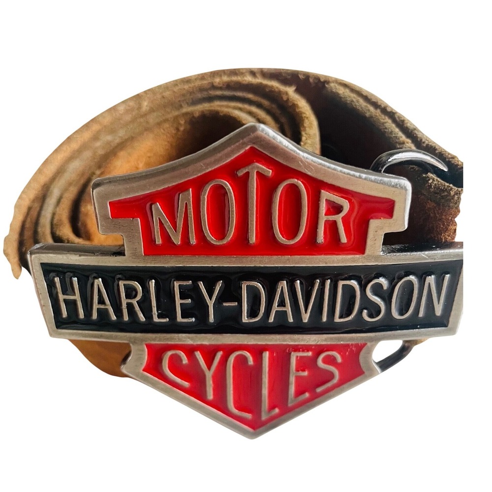 VTG Harley Davidson Style Bar & Shield Belt Buckle with Distressed Leather Belt
